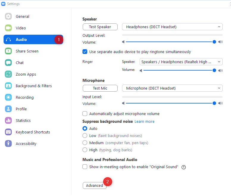 Zoom advanced audio settings for headsets