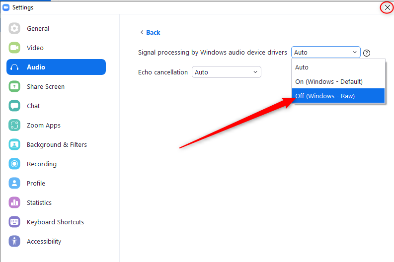 Zoom signal processing by windows advanced audio setting