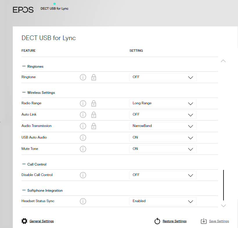 EPOS Connect Settings screen