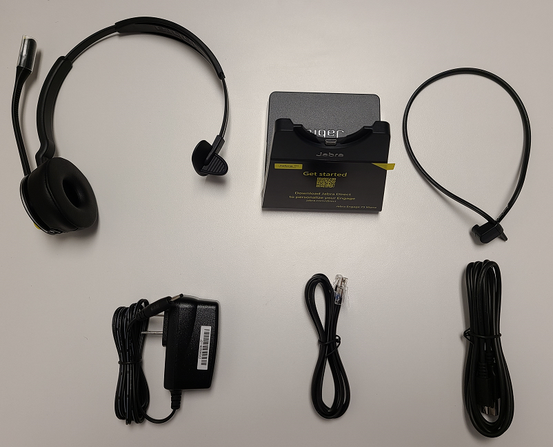 Jabra Engage 75 wireless headset base, microphone, and cords