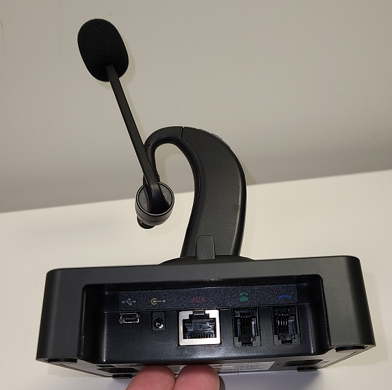 Back of Leitner LH380 wireless headset and base