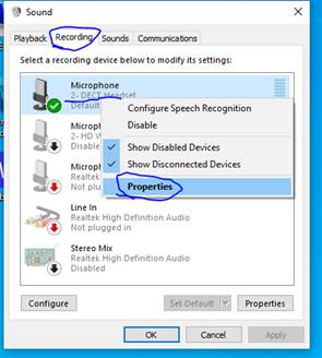 Windows 10 sound control panel recording tab headset properties