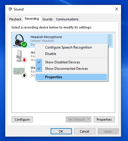 Sound Control Panel, Properties in Windows 10