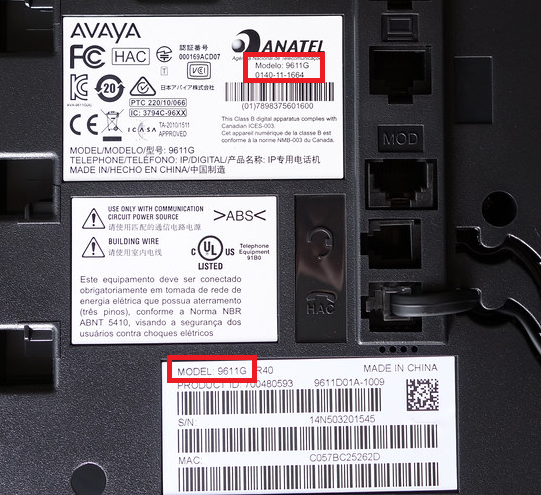 Back of Avaya phone with brand and model number