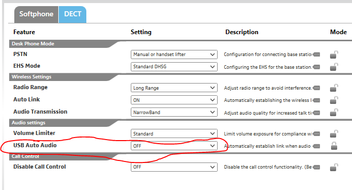 EPOS Connect settings screen USB auto audio