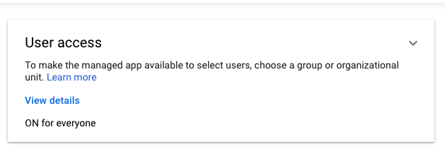 A screenshot of the user access panel for the LinearB SAML app in GSuite. It shows that the app is ON for everyone at the domain.