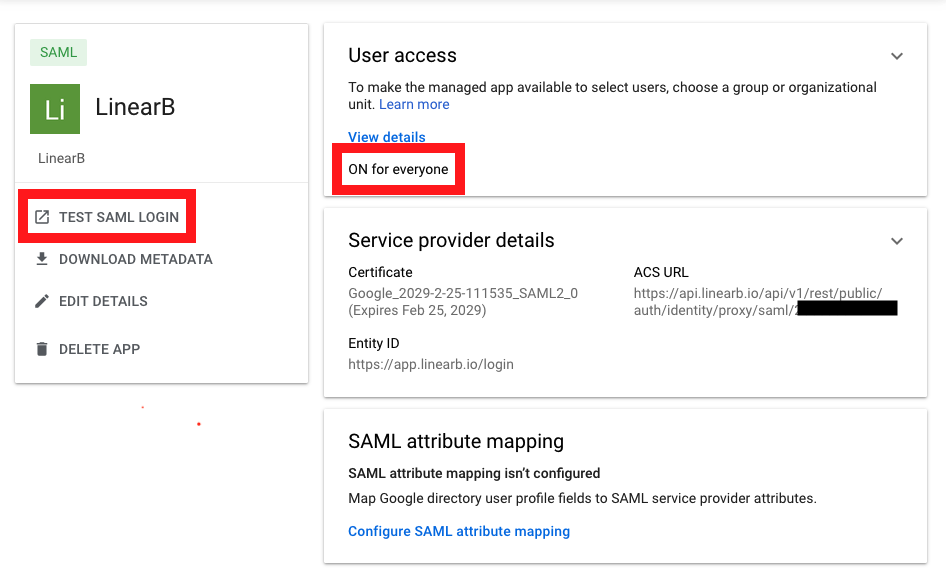 A screenshot of the SAML app display page in Google's admin panel, highlighting where to check that the app is enabled for users, and how to find the Test SAML Login button.