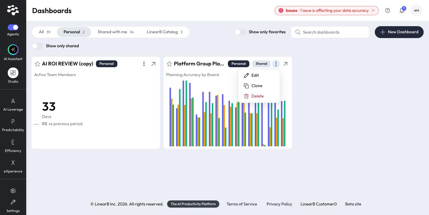 A Personal dashboard card in the library with its actions menu open