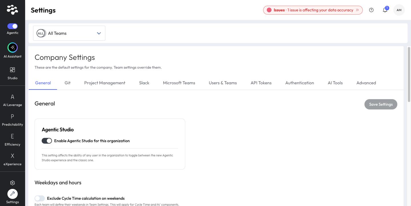 Company Settings, General tab, with the Agentic Studio section and the Enable Agentic Studio for this organization switch
