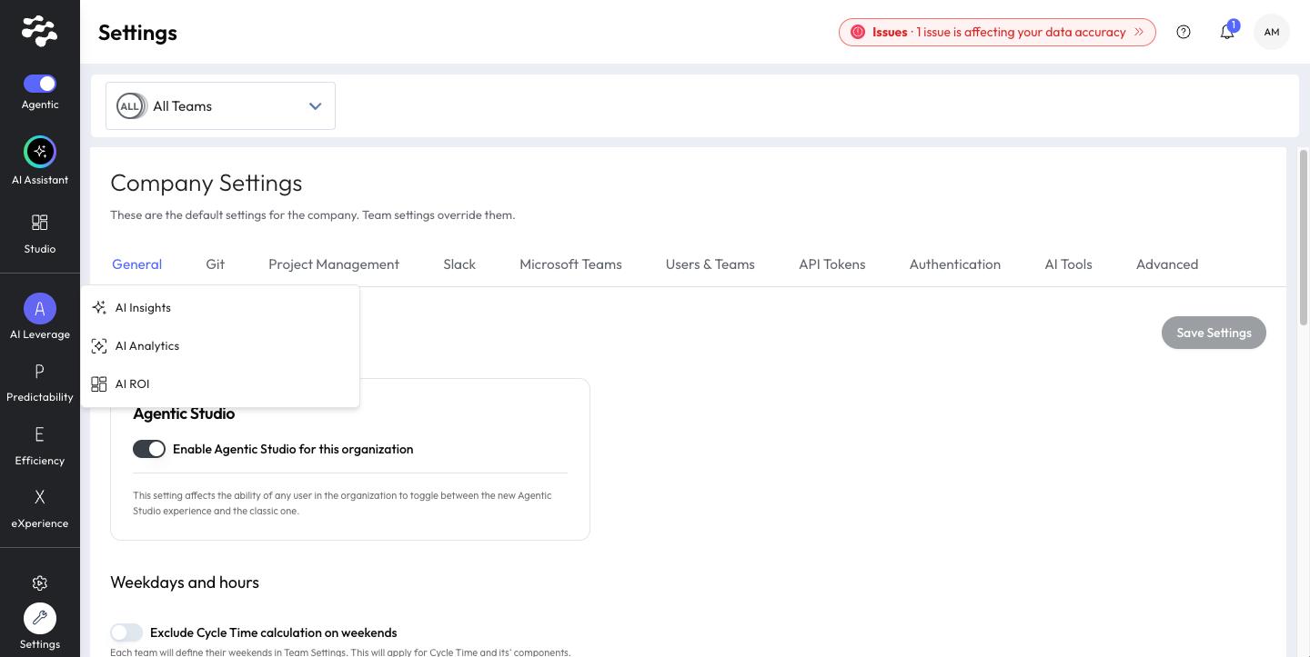 The Agentic Studio menu bar with the AI Leverage group open, listing its Classic pages