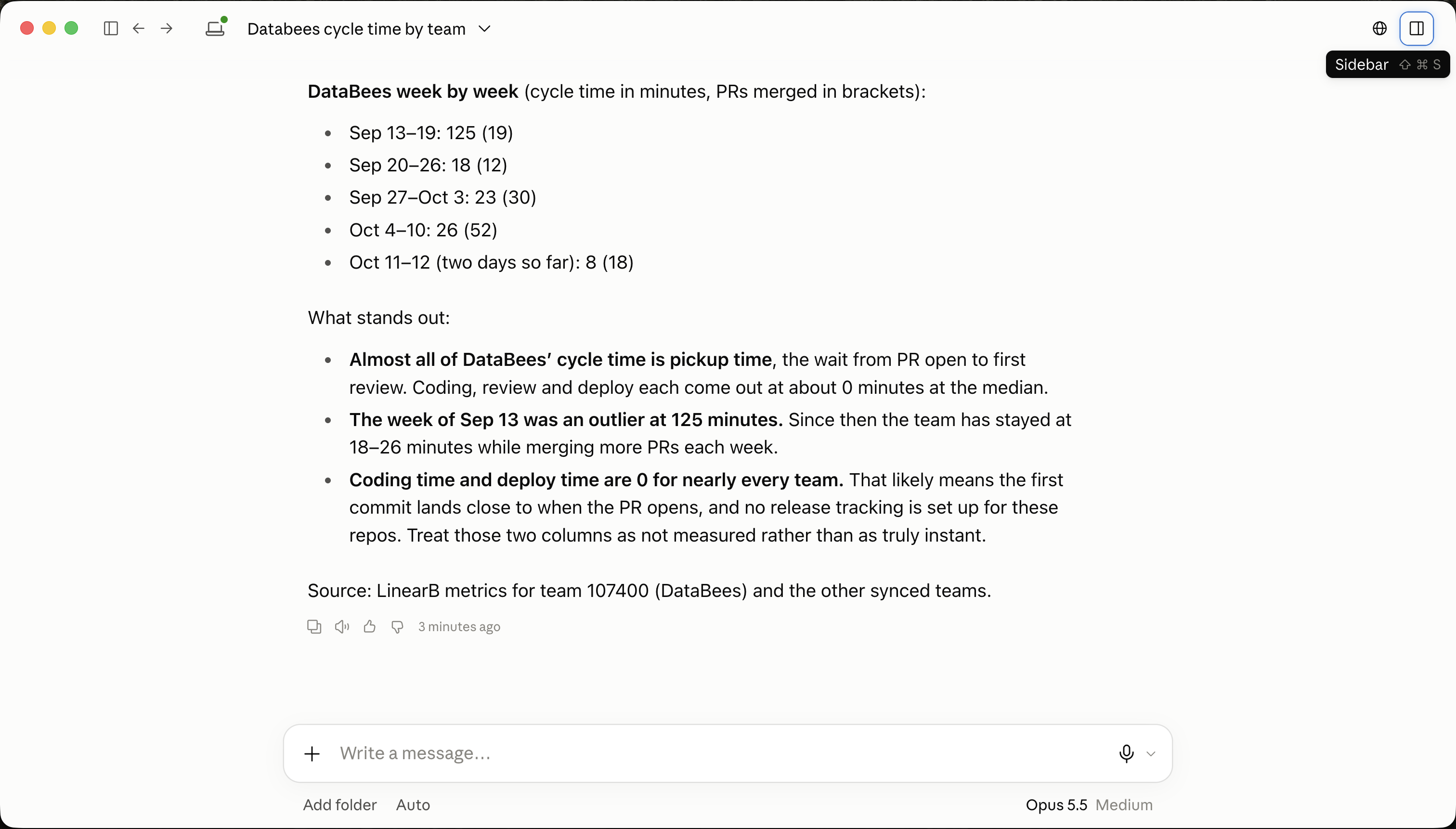 Claude's answer continued: DataBees cycle time week by week and what stands out