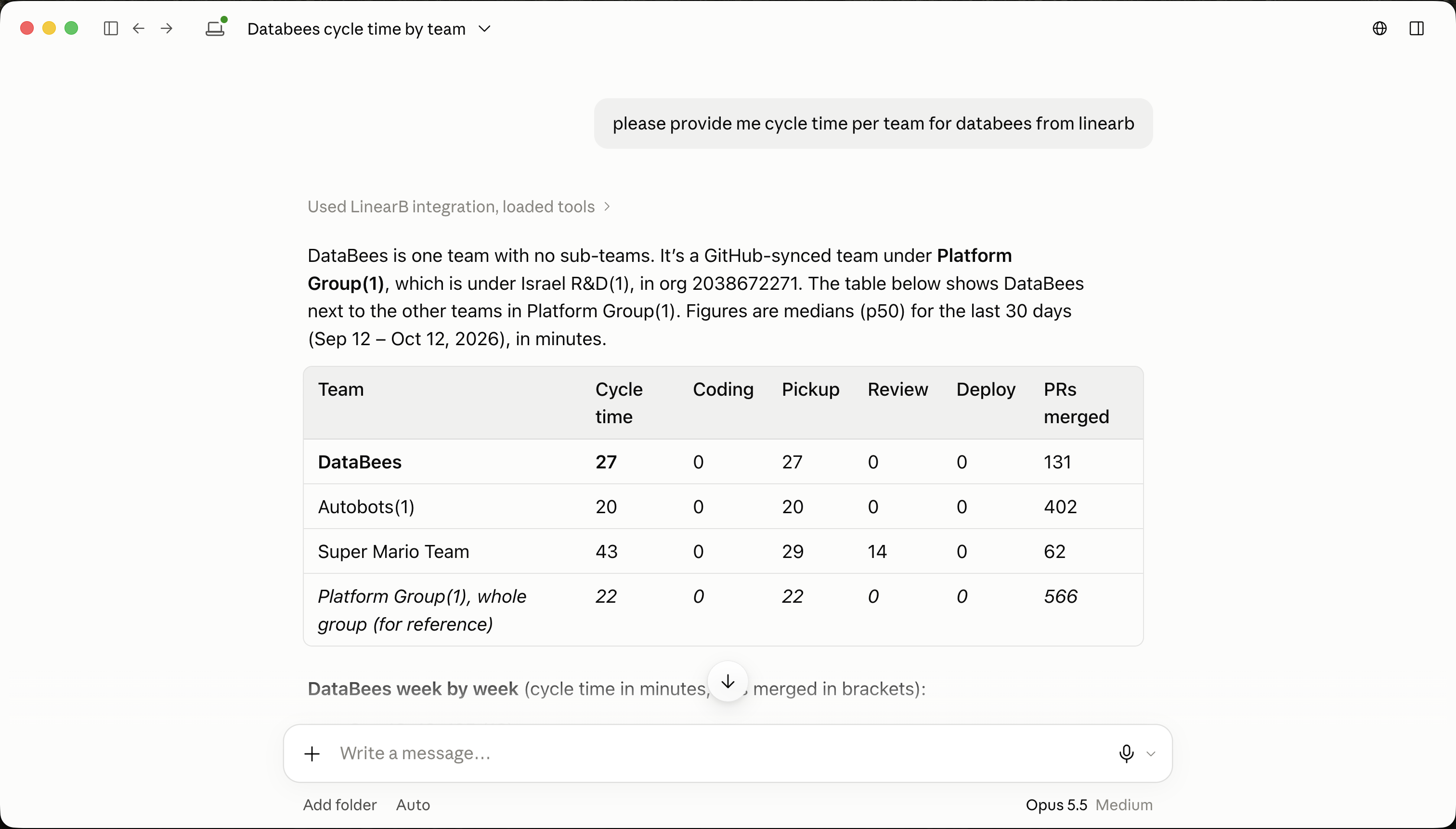 Claude answering a cycle time question through the LinearB MCP Server, with a per-team table of cycle time, coding, pickup, review, and deploy time