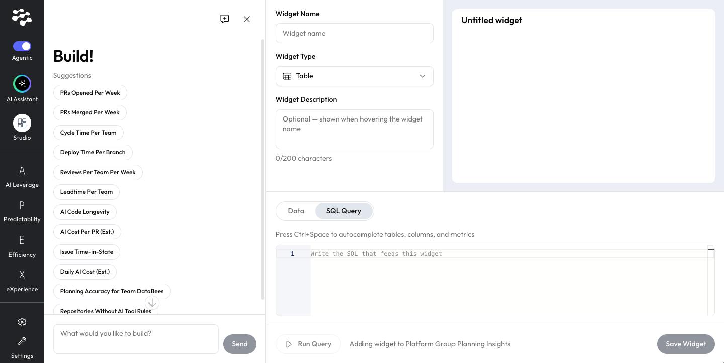 The builder: Build! assistant on the left; Widget Name, Widget Type, Widget Description, Data / SQL Query, Run Query, and Save Widget on the right