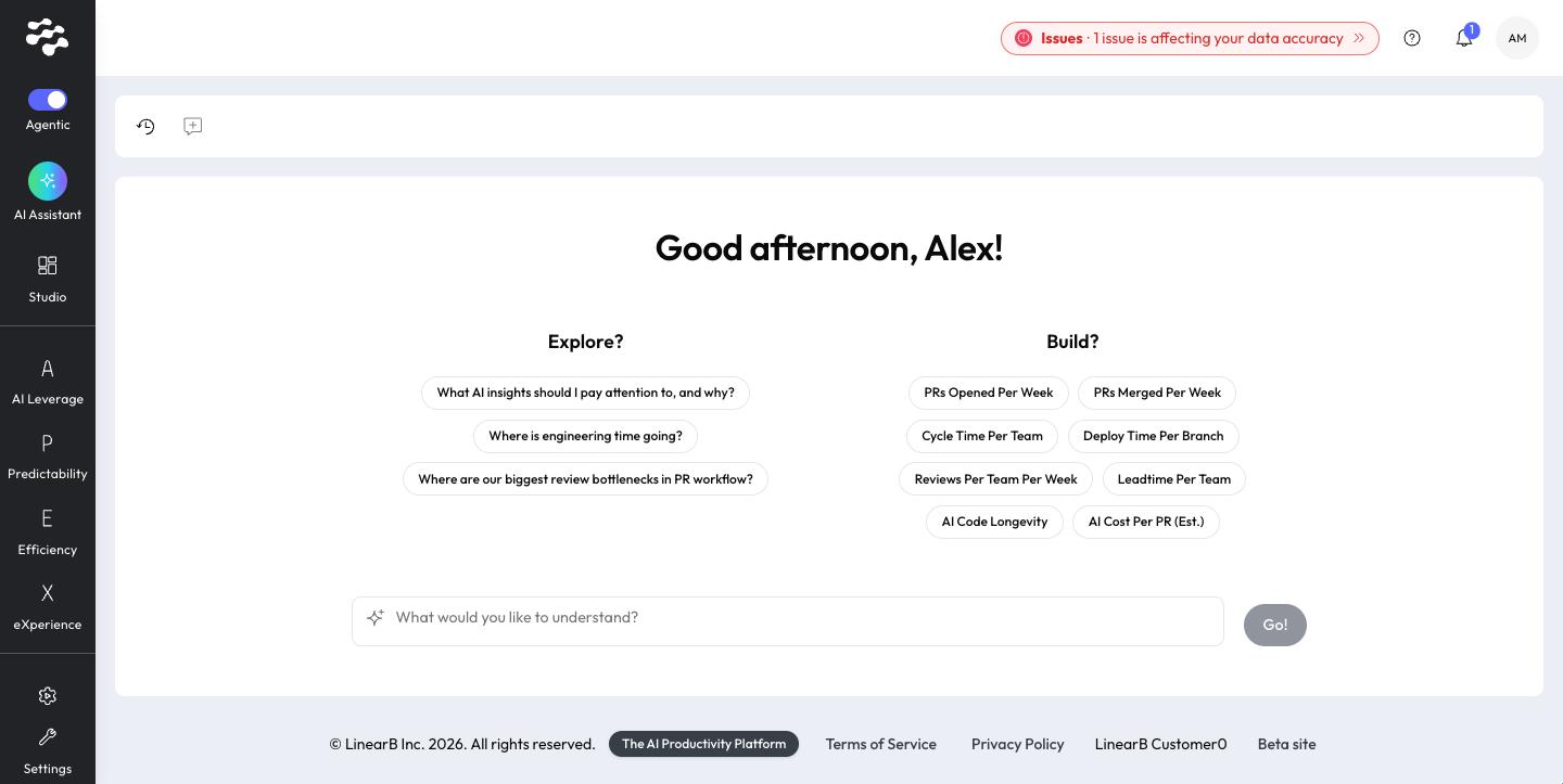 The assistant home: a greeting, Explore? and Build? starting points, and the chat input