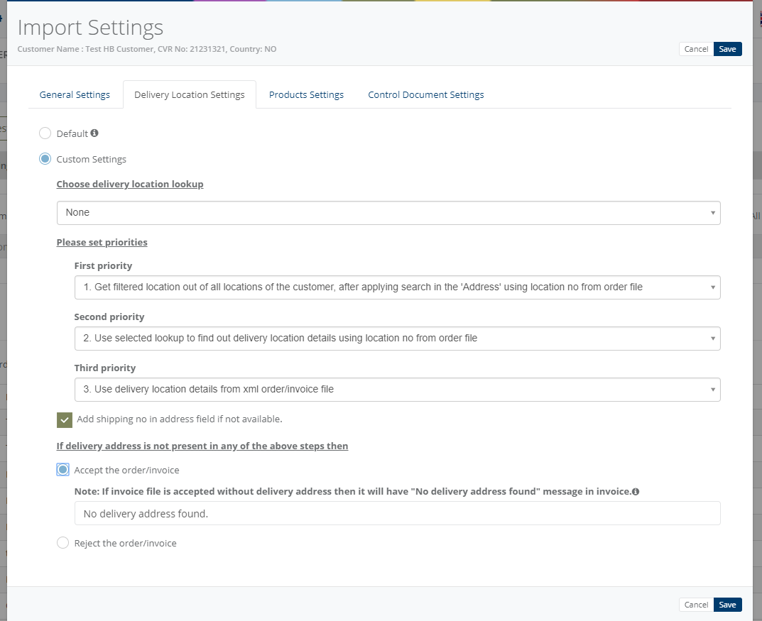 Import settings - Delivery location settings