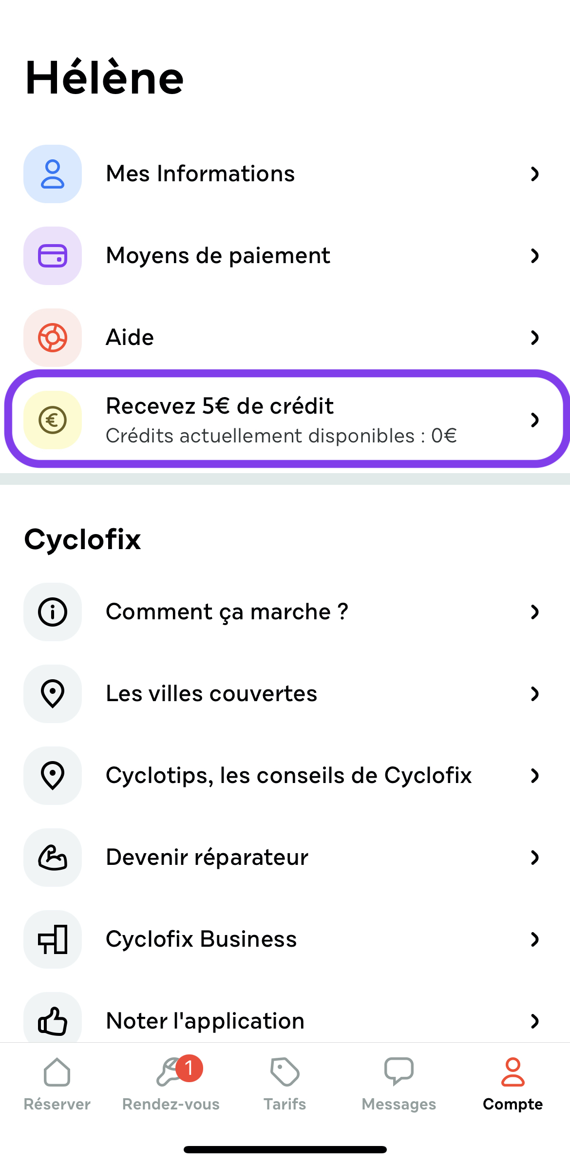 Compte cyclofix sur l'application mobile