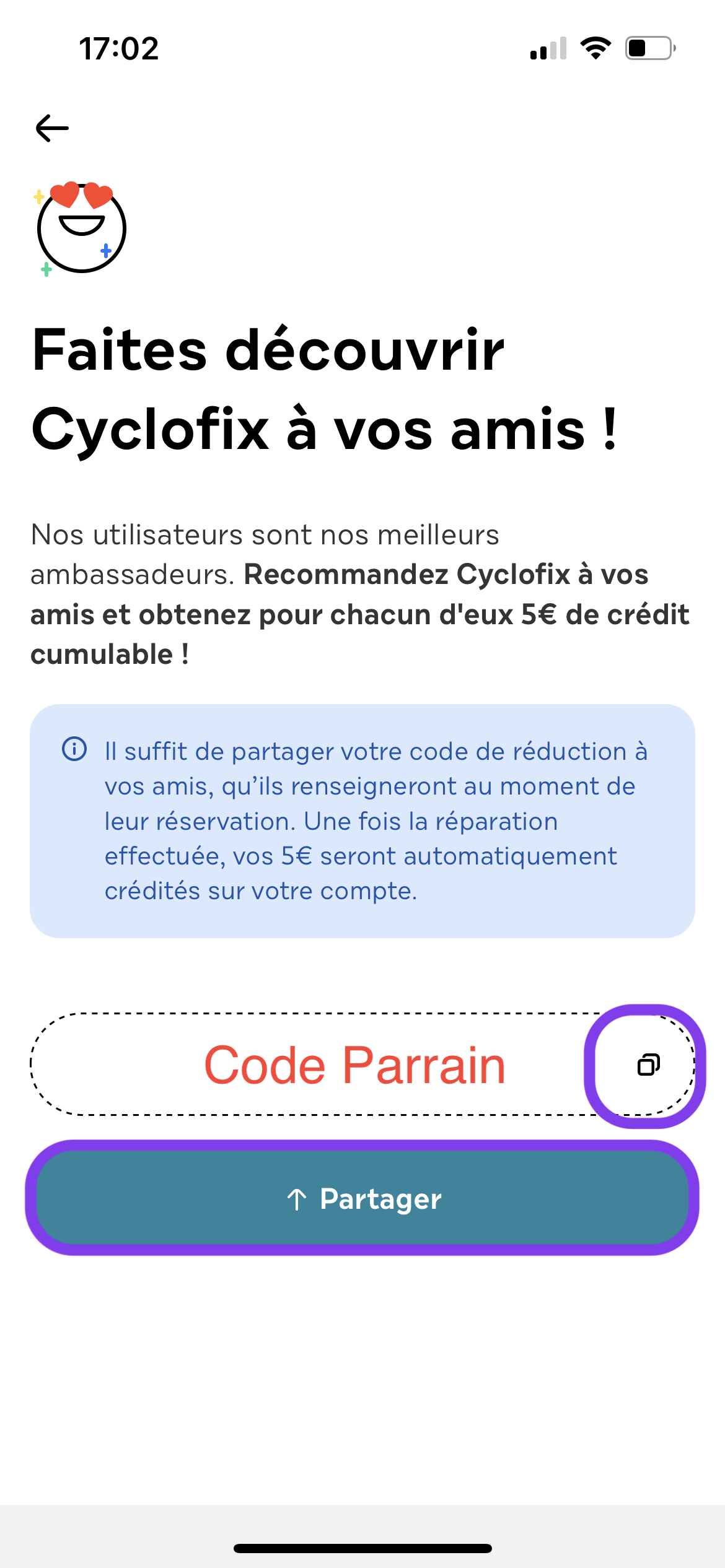 Code parrain sur l'application mobile cyclofix