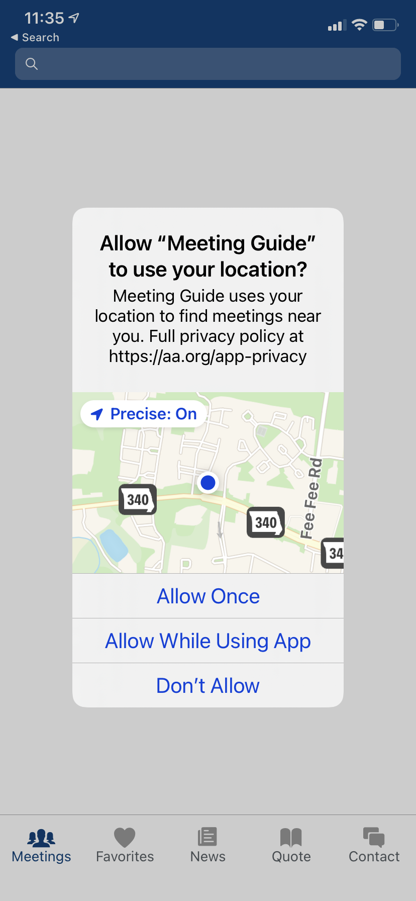 location choice screen from Meeting Guide