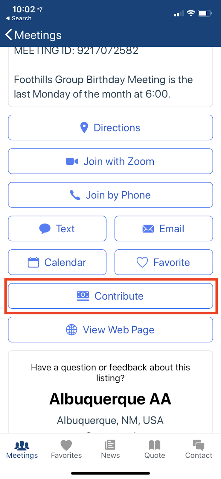 screen capture of contribute button