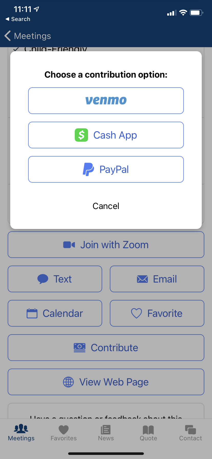 screen shot showing contribution options