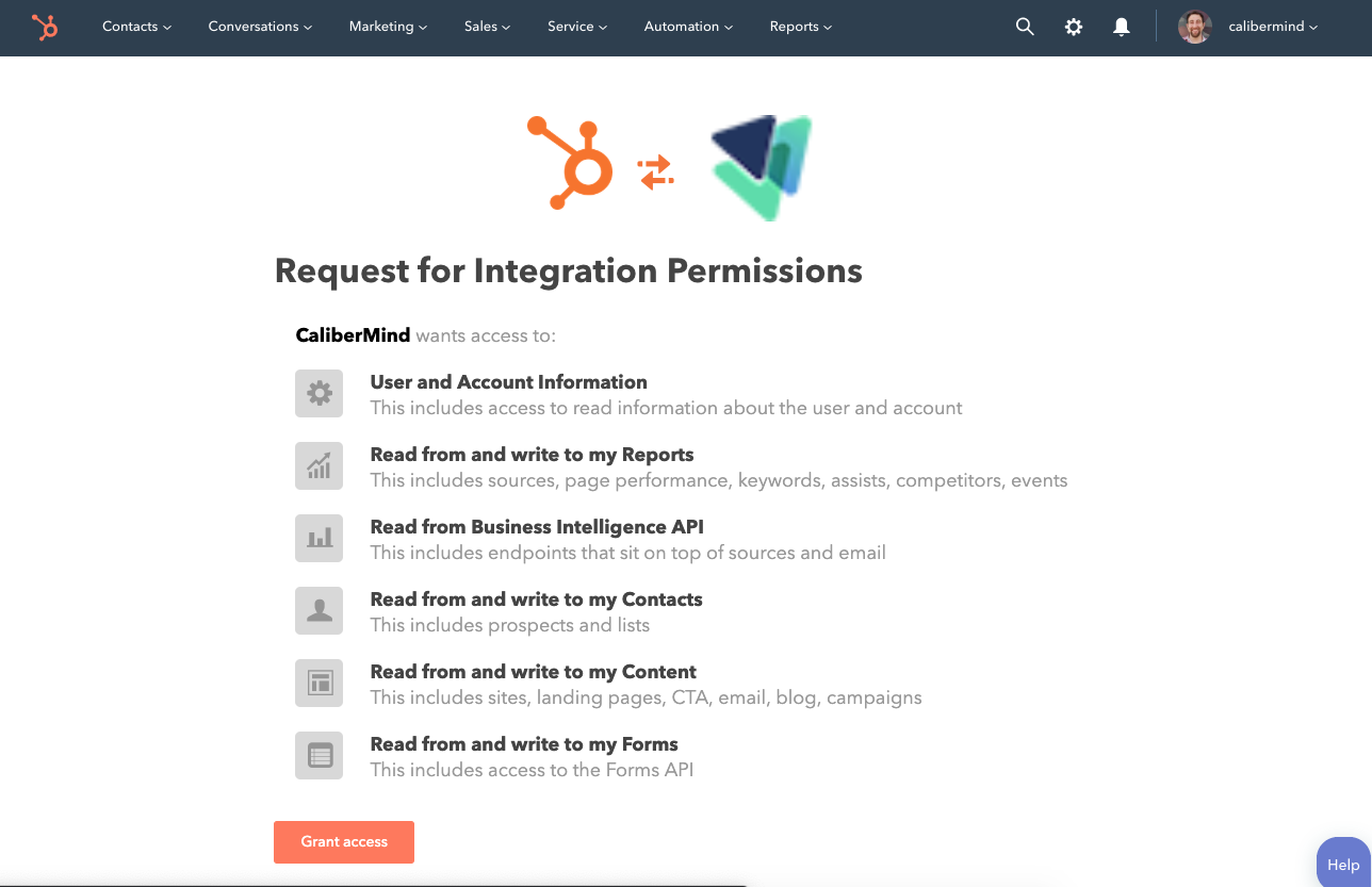 Requesting missing HubSpot integration permissions in CaliberMind
