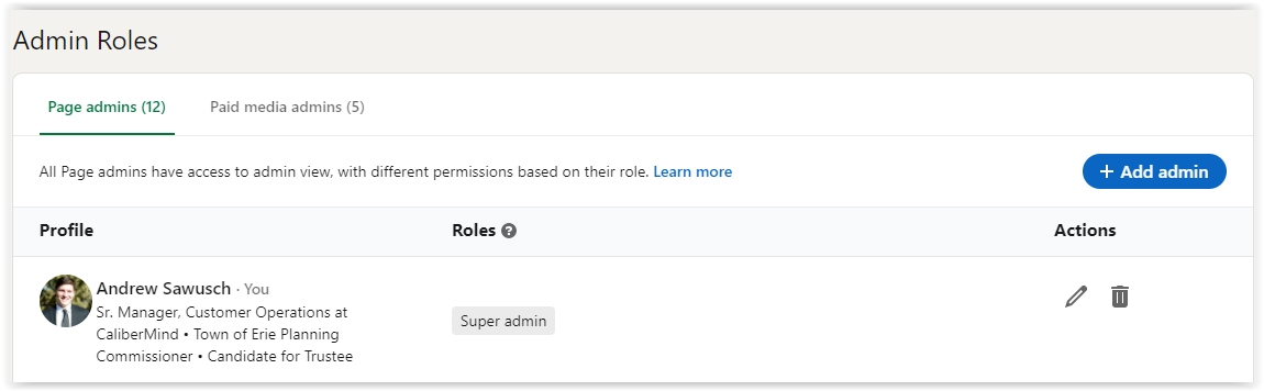 CaliberMind LinkedIn Company Page Permission Levels			