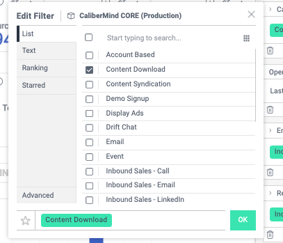  CaliberMind Campaign Type Filter lets you choose which campaign types you want to report on 