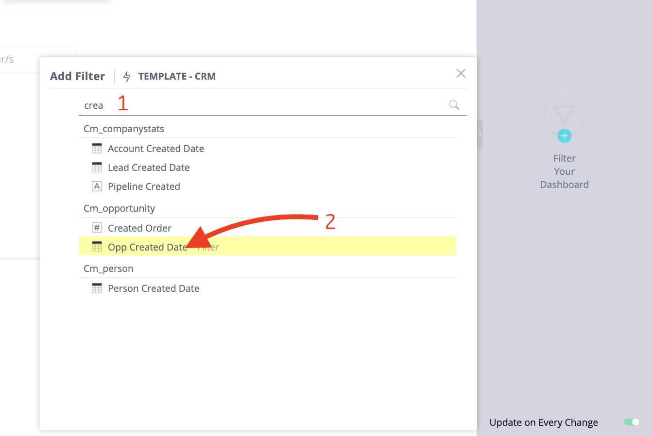 Set the CaliberMind widget filter to OPP Create Date field