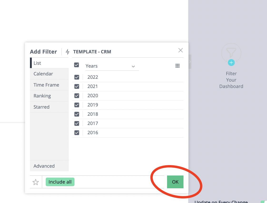 CaliberMind displays the date range filter