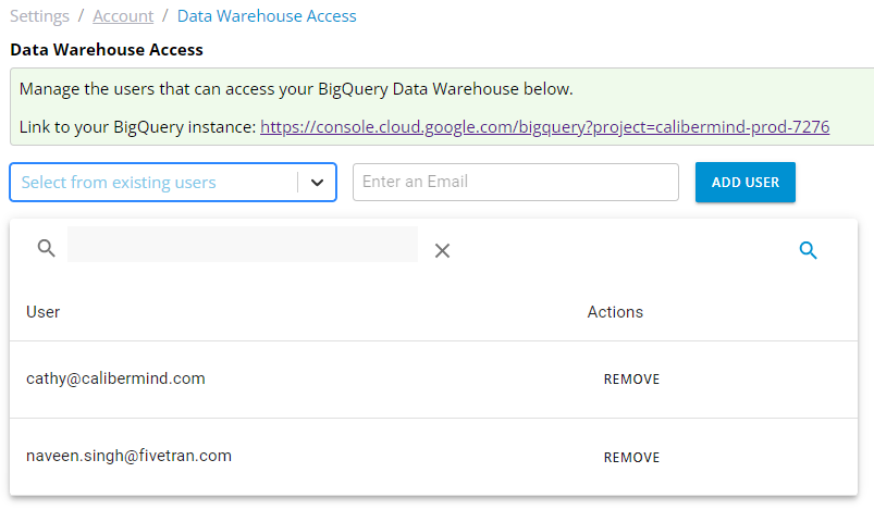 Selecting from existing users who to provide access to your BigQuery Data Warehouse