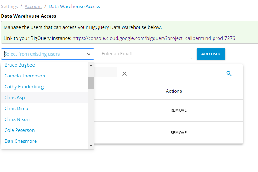 Managing the Users that can Access Your CaliberMind BigQuery Data Warehouse