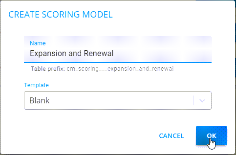 CaliberMind Create New Scoring Model dialogue box