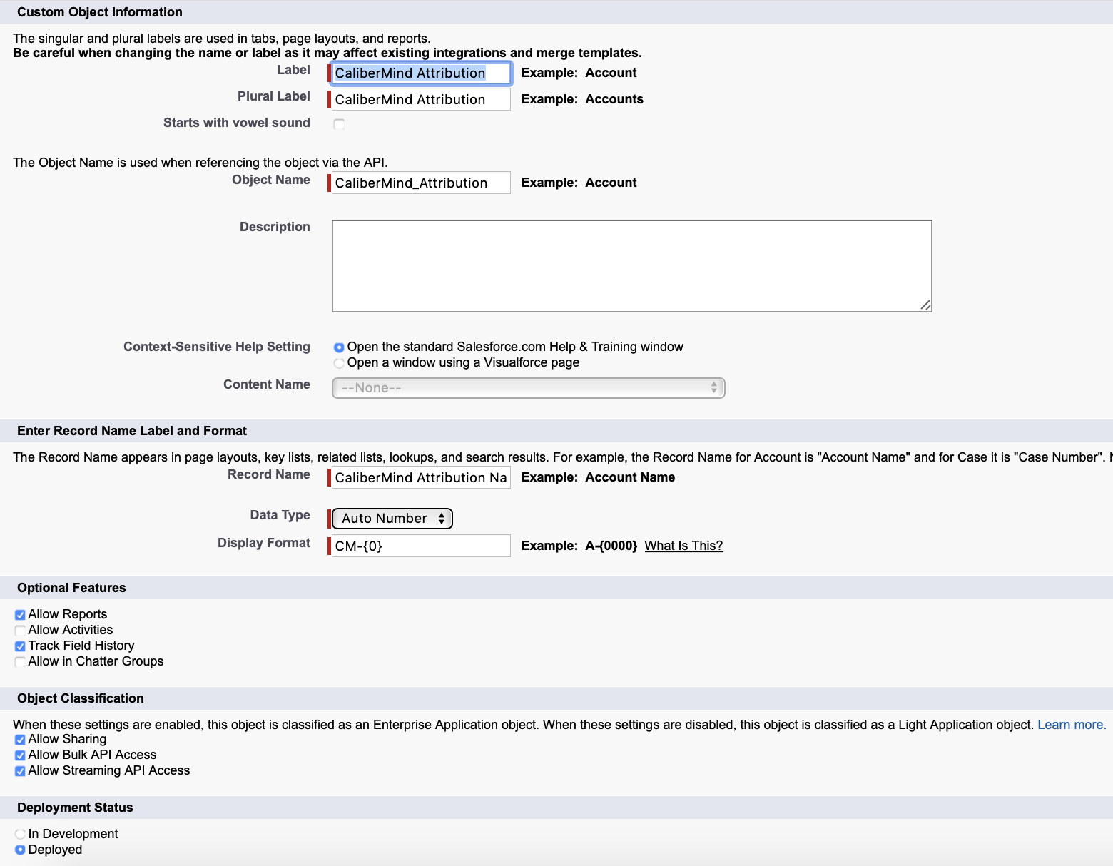 Creating a new custom object in Salesforce for syncing with CaliberMind