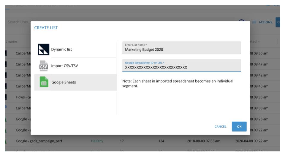 Creating a CaliberMind list from a Google Sheets tab