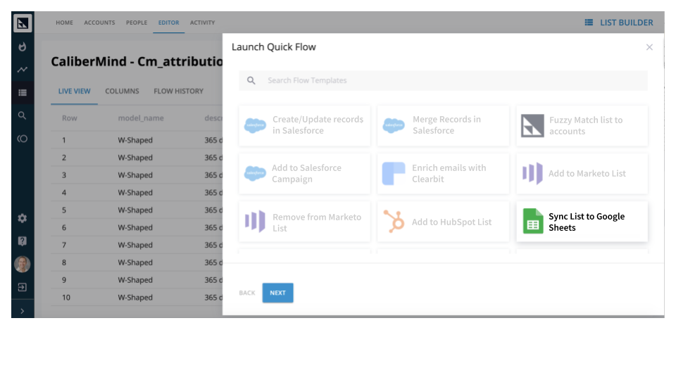 Pushing a CaliberMind list to Google Sheets (quickflow option)