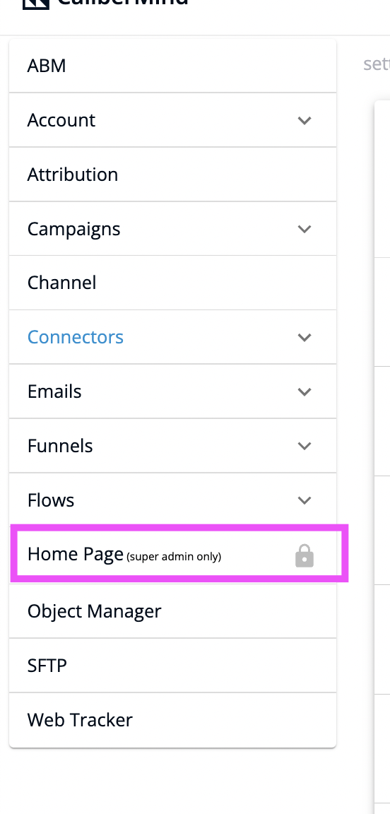Home page settings menu