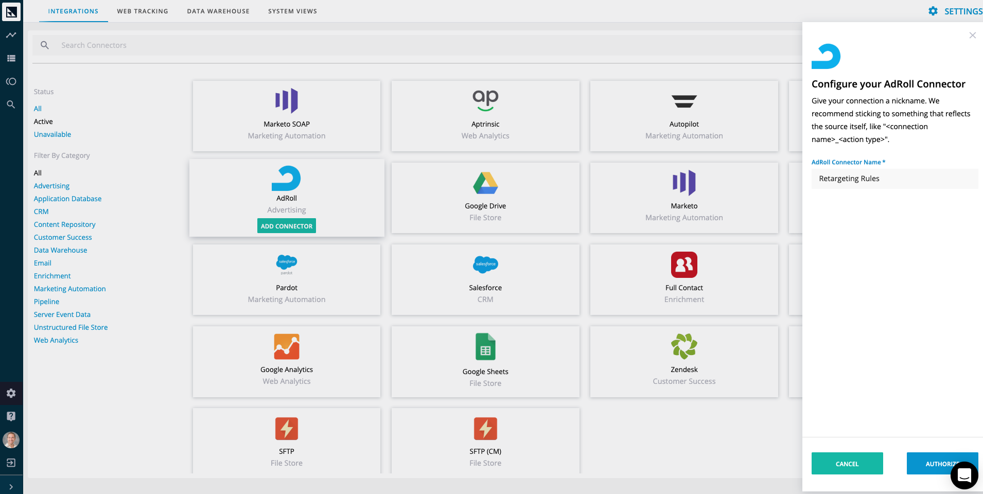 Creating an AdRoll connector in CaliberMind