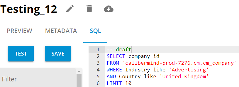 CaliberMind List Preview, Metadata & SQL tabs