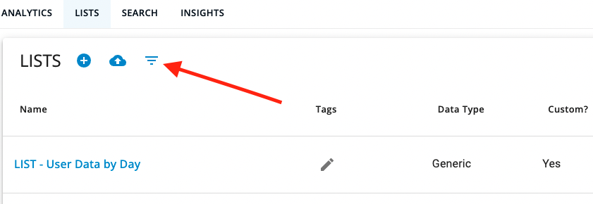 Select CaliberMind Lists Funnel Icon to Display the Tags Created			