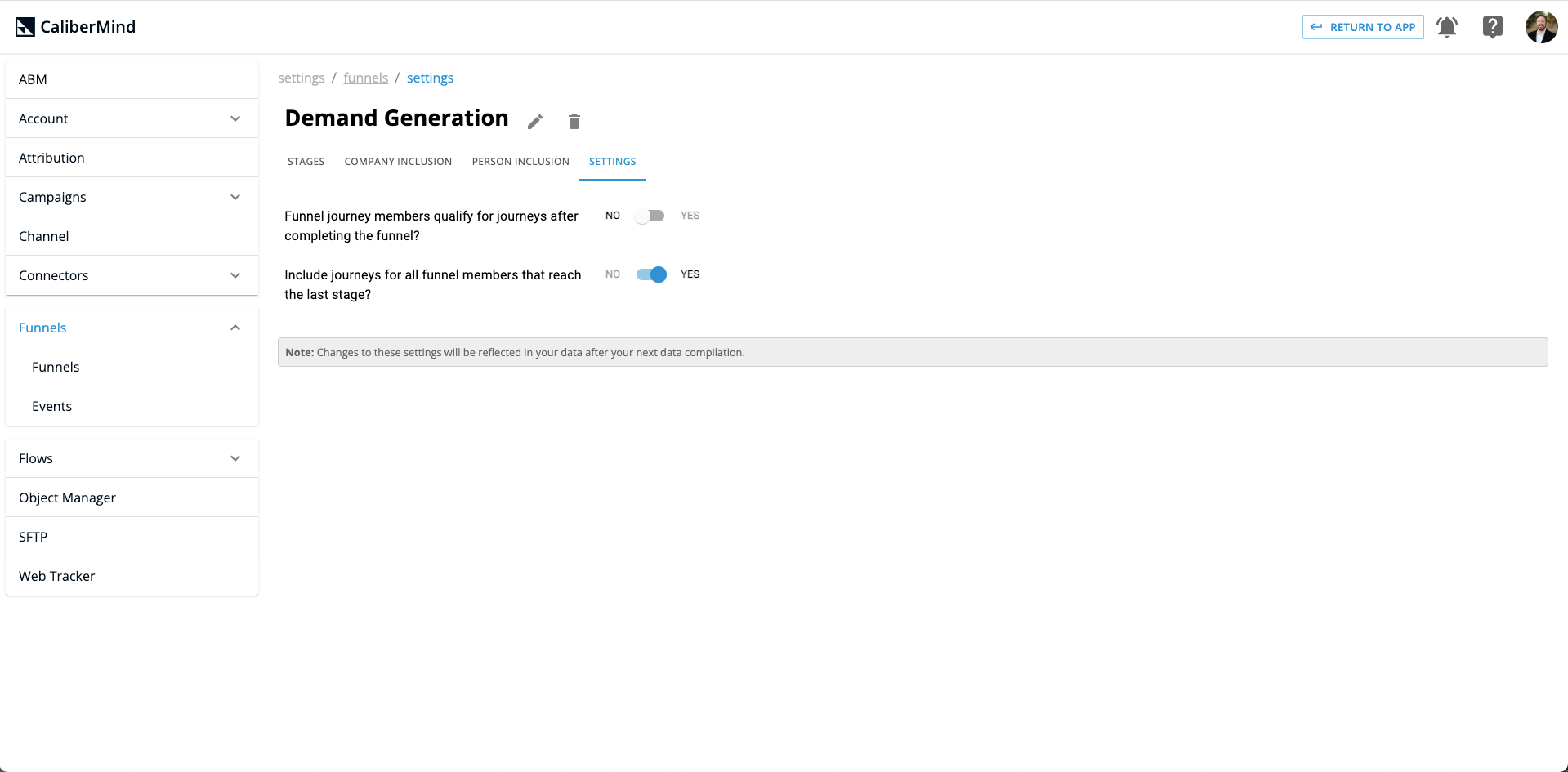 CaliberMind Funnel Settings