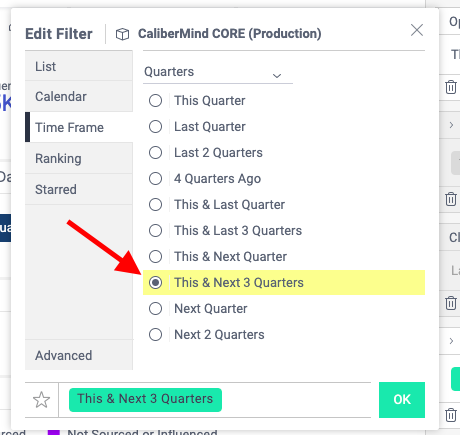CaliberMind Edit Filter dialog box with radio buttons flyout menu