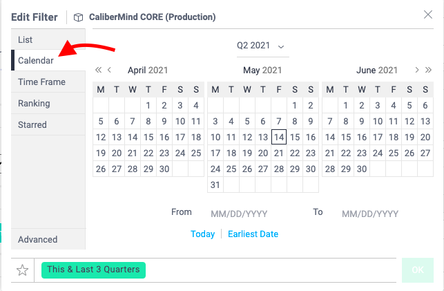 CaliberMind Edit Filter Calendar feature