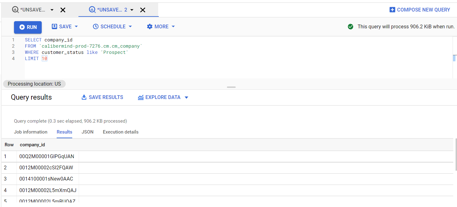 Basic SQL query of the CaliberMind cm_account table