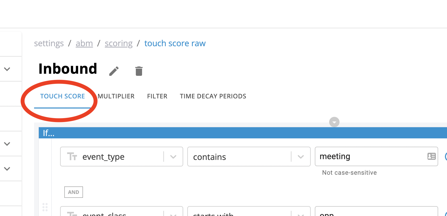Ensure the CaliberMind Touch Score tab is highlighted