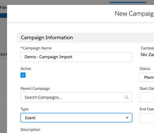 Creating a campaign in Salesforce (Ensure it is set to active)