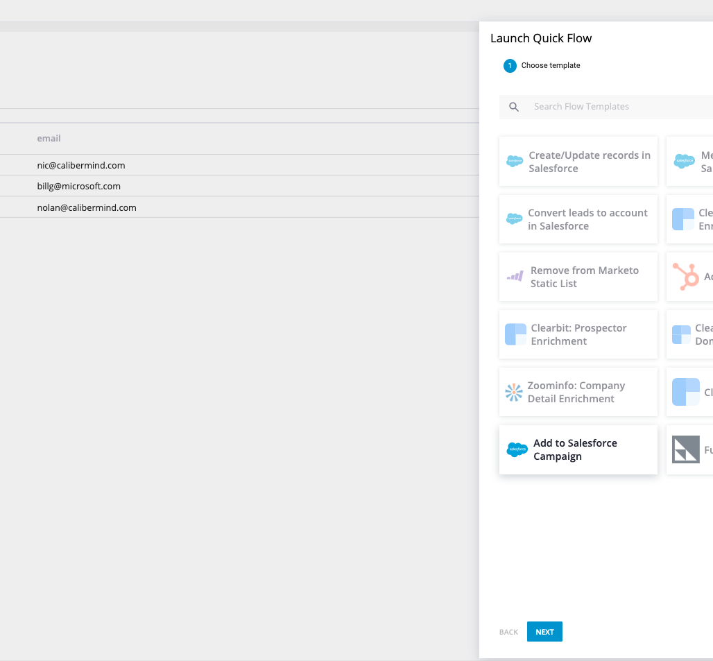 Navigate to CaliberMind Quick Flow menu and select Add to Salesforce Campaign