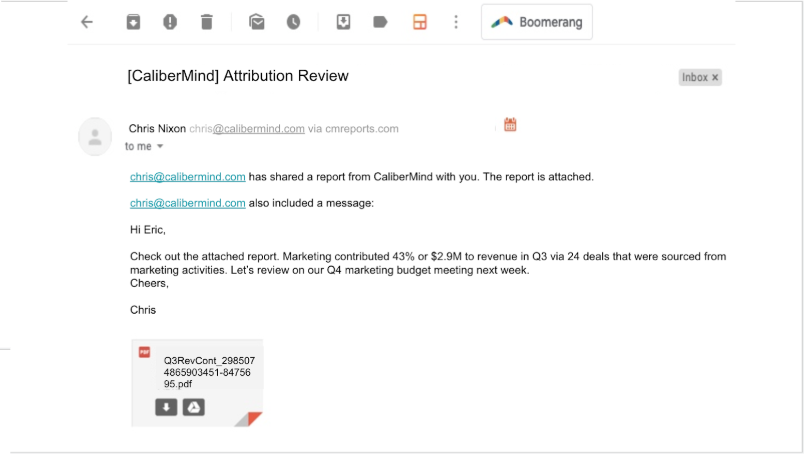 CaliberMind generates the report, emails the recipient and sends an email confirmation