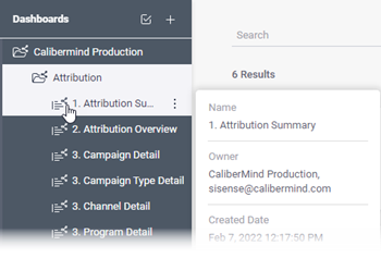 CaliberMind Insights Attribution Dashboard menu