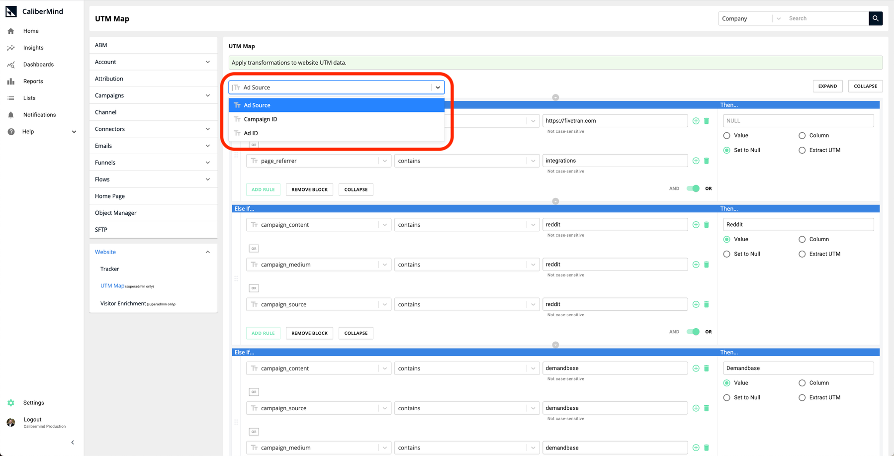 Make Your Selection to Begin Configuration for that Column of Either Ad Source, Campaign ID or Ad ID