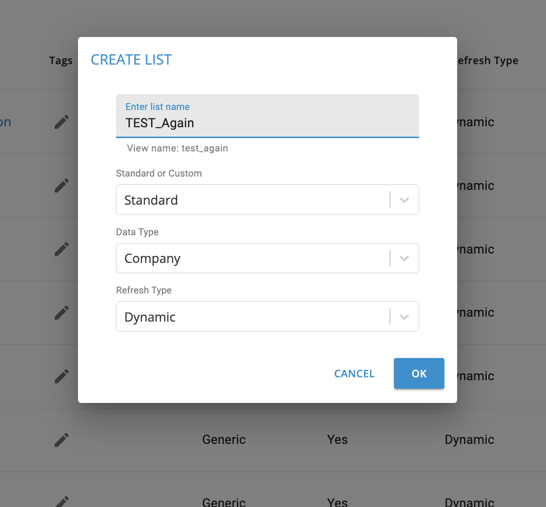 company standard list create